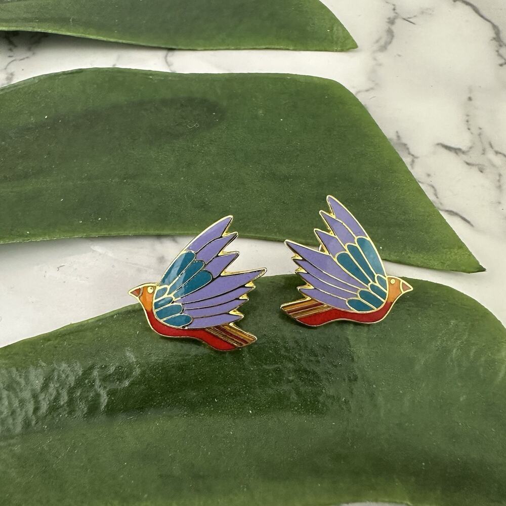 Laurel Burch Vintage Celeste Bird Earrings Gold Tone Purple Enamel Stud Flying